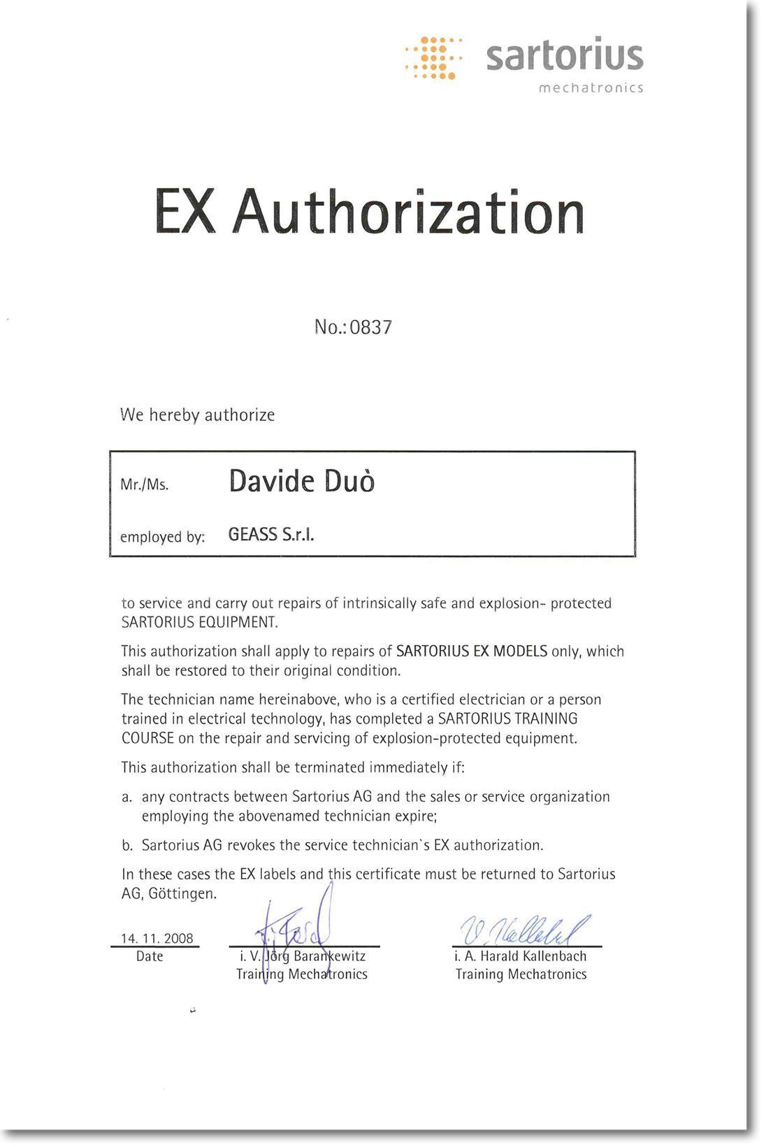 Autorizzazione Sartorius Bilance ATEX Duo 2008 g - GEASS Torino