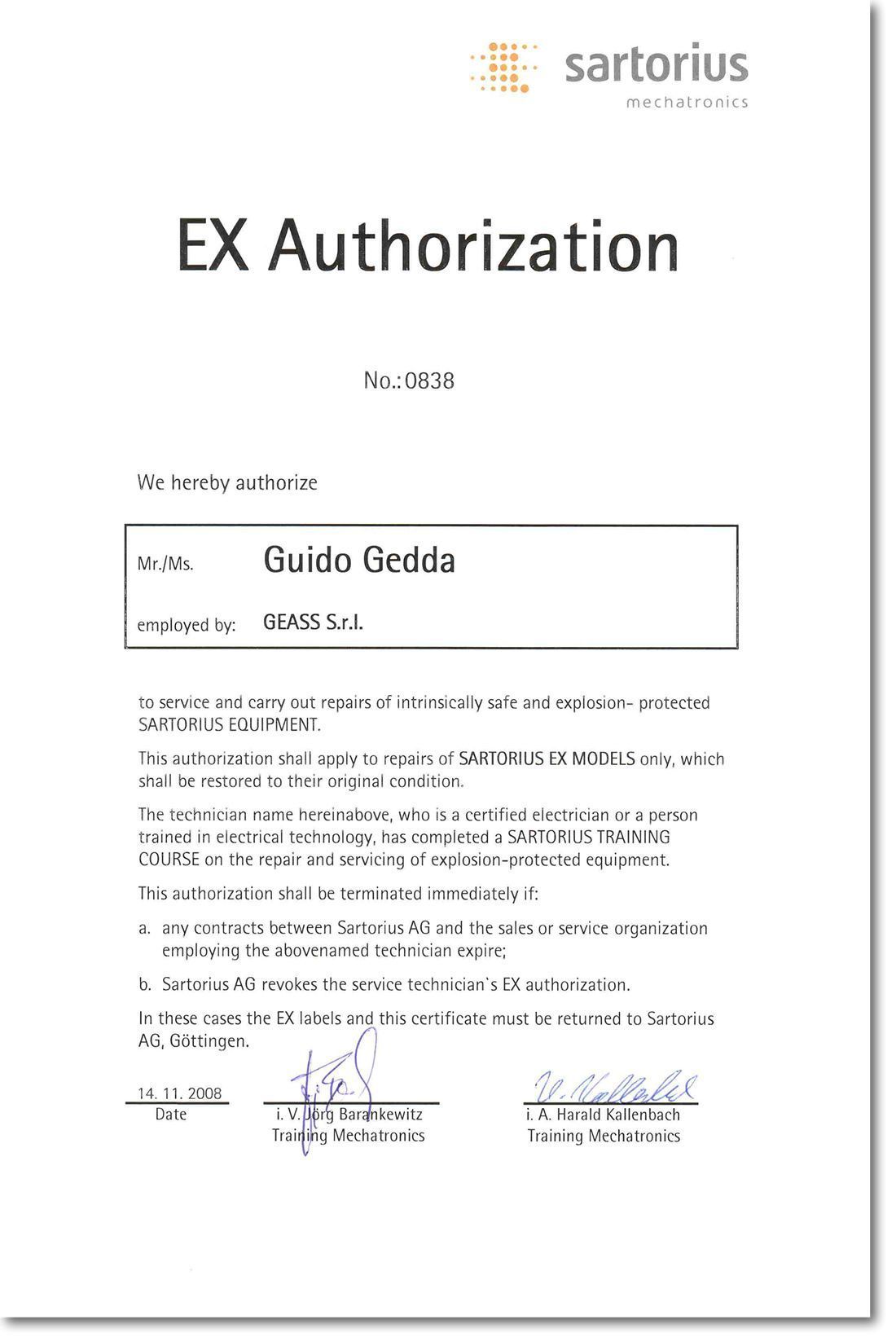 Autorizzazione Sartorius Bilance ATEX Gedda 2008 g - GEASS Torino