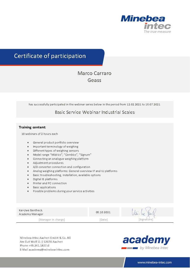Basic Service Industrial Scales webinars Carraro Minebea attestato - GEASS Torino