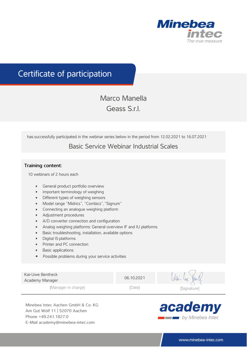 Basic Service Industrial Scales webinars Manella Minebea attestato - GEASS Torino