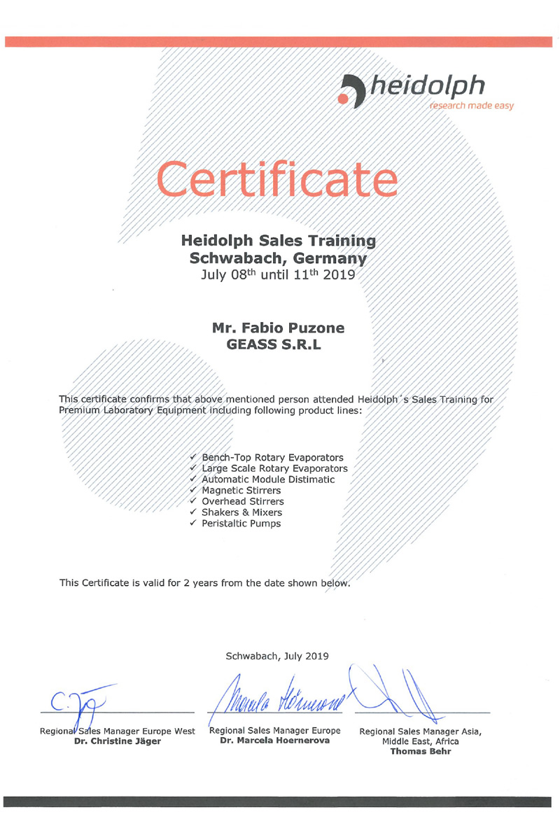 Certificato Sales Training Heidolph Fabio Puzone Geass 2019 - GEASS Torino