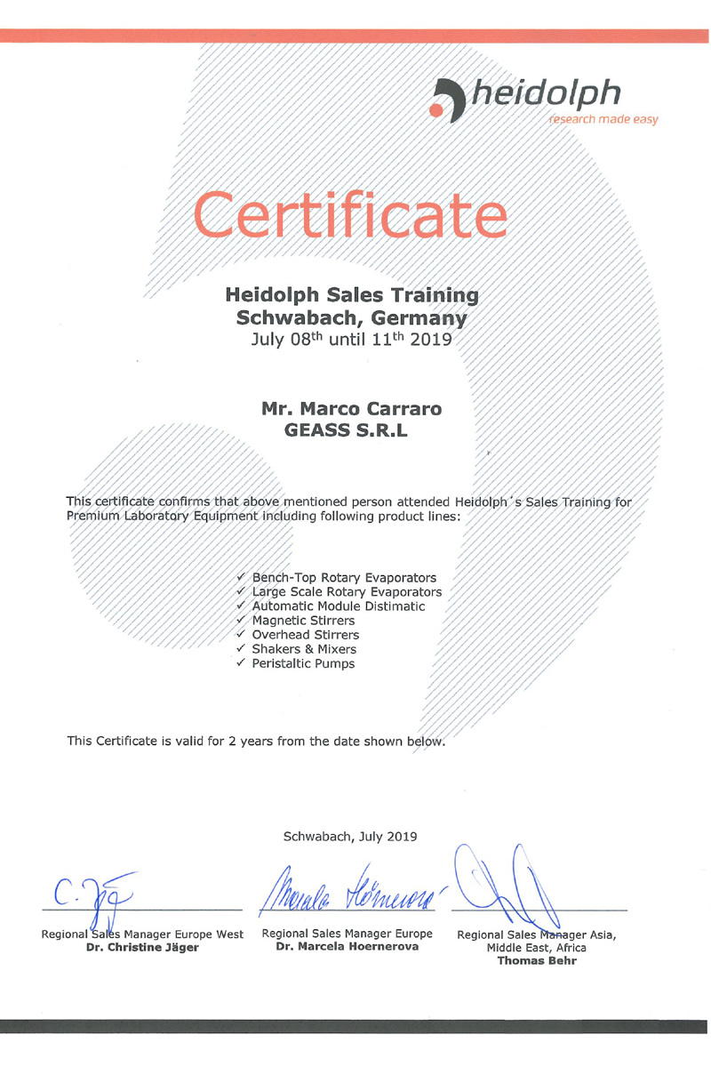 Certificato Sales Training Heidolph Marco Carraro Geass 2019 - GEASS Torino