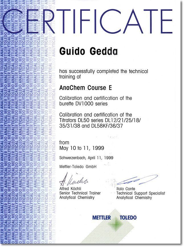 Corso AnaChem E Certificazione Burette e Titolatori Mettler 1999 g - GEASS Torino