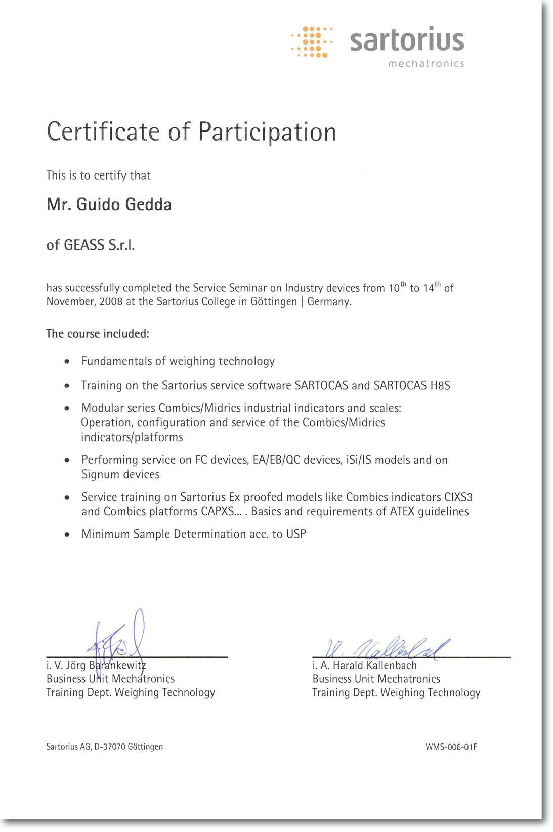 Corso Bilance Industriali Sartorius Gedda 2008 g - GEASS Torino
