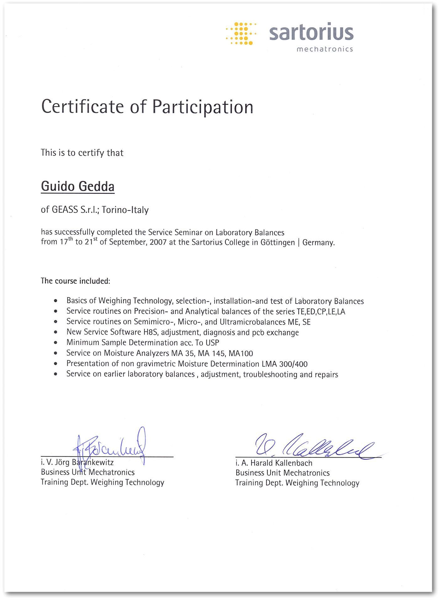 Corso Bilance Sartorius Laboratorio Gedda 2007 g - GEASS Torino