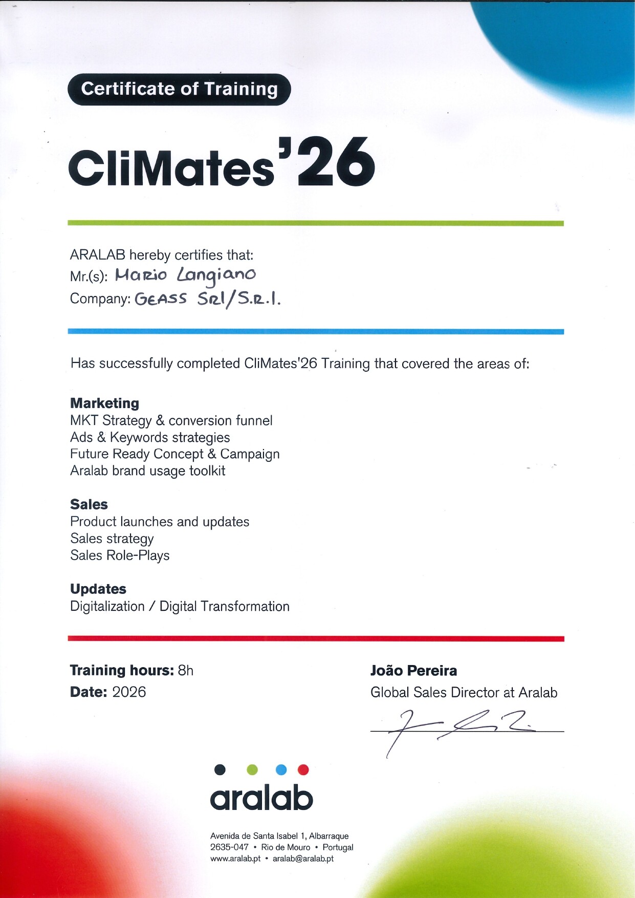 Certificati Sales Training Aralab 26