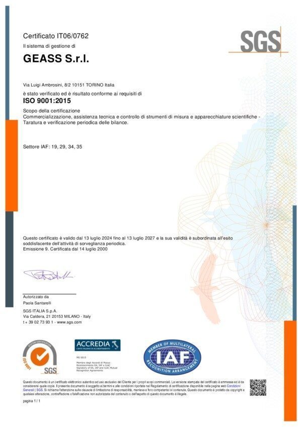 Certificato di conformità ISO 9001:2015 per gestione e assistenza di strumenti di misura e apparecchiature scientifiche