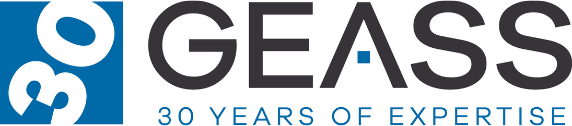 Logo con il numero 30 in un quadrato blu e la scritta GEASS con il testo 30 years of expertise sotto